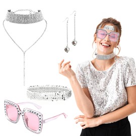 NAMIS Pack of 5 Disco Accessories, 70s Outfit, Women's Disco Glitter Accessories, Sequins, Sunglasses, Hairband, Earrings, Necklace, Glitter Costume Accessory for Fancy Dress Party Carnival, silver