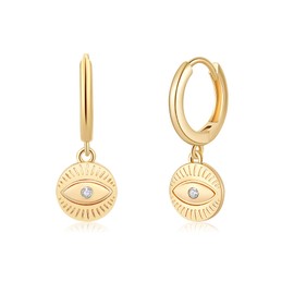 Evil Eye earrings Huggie Hoop -14k Gold Plated Small Evil Eye Earrings White CZ Evil Eye Dainty Huggie Earrings for Women Ear Cuff Gift for Her