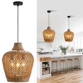 Teru Ji Kaikang 18.9" Rattan Pendant Light Fixtures,Boho Rattan Pendant Light,3-Light Hand Woven Seagrass Chandelier for Dining Living Bedroom Kitchen Farmhouse