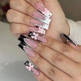 BABALAL Coffin Press on Nails Long Fake Nails Black White French Tip Glue ons Nails Rhinestone Design Bow Charm Acrylic Nails 24Pcs Ballerina Manicure False Nails