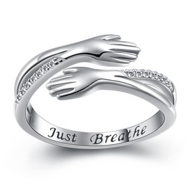 Hug Ring, S925 Sterling Silver Hugging Hands CZ Open Ring Engraved Just Breathe Embrace Statement Promise Anniversary Ring