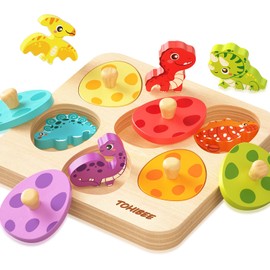 TOHIBEE Wooden Puzzles Montessori Toys for Toddlers 1-3, Dinosaur Eggs Peg Puzzles, Preschool Education Learning Toys for Boys and Girls, 6 Brightly Color Cute Dinosaur Shapes