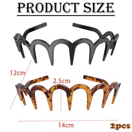2 Pcs Zigzag Headbands, Zig Zag Headbands, U Shape Fashion Tooth Comb Headband, Black and Leopard-Print Shark Tooth Hair Comb Hairband, Plastic Hair Bands with Elastic Non Slip Wavy Teeth