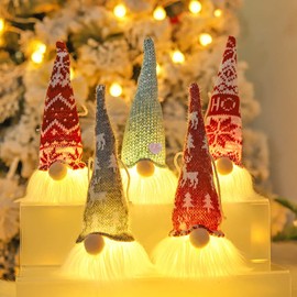 5 Pcs Christmas Hanging Gnomes Ornaments with LED Light, Swedish Gnome Ornaments Gnomes Plush Knitted Santa Doll Christmas Tree Hanging Ornaments Home Decor Swedish Tomte Ornament (Color C)