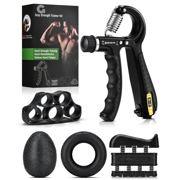 Gonex Hand Grip Strengthener with Counter, Forearm Trainer Workout Kit (Black), Adjustable Resistance Grip Strength Trainer, Finger Exerciser/Stretcher, Grip Ring, Grip Ball for Recovery and Athletes