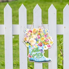 Celestdeco Hello Spring Door Signs,Spring Decor Outdoor,Garten Flower Hanging Sign,Flower Welcome Door Hanger,Butterfly Floral Boots Wood Decor for Indoor Farmhouse Yard Porch Easter Party Gift