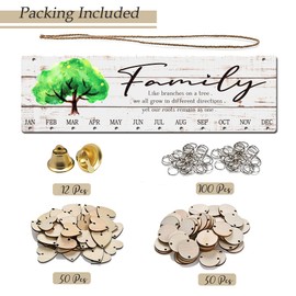 Buecasa Wooden Family Tree Birthday Reminder Calendar Board Wall Hanging - DIY Decorative Birthday Tracker Plaque with 100 Tags