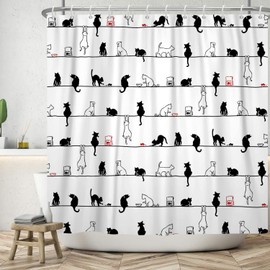 Ttincceer 71x71inch Black White Cat Shower Curtain with Hook Cute Simple Kitten Bath Curtain Black White Animal Funny Pet Shower Curtains Waterproof Bathtub Curtain
