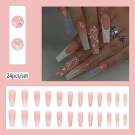 Carufin 24 Pieces Beautiful Rabbit Coffin False Nail Pink Gradual Flash Nail Print Medium Long Ballet Artificial False Nails for Women Girls (A)