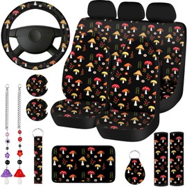 Riakrum 17 Pcs Mushroom Car Seat Covers Mushroom Car Accessories Full Set for Women Men Automotive Rear Front Seat Protector View Mirror Hanging Ornament Steering Wheel Belt (Cute Retro Mushroom)