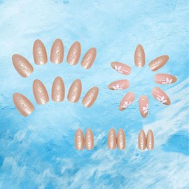 24 Pcs Daisy Flower Press on Nails Almond Shape French Tip Fake Nails Medium Length Gilt Designs Acrylic Nails with Floral Reusable Spring Flowers False Nails Glue on Nails for Women DIY Nails Art
