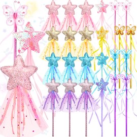 Janinka 24 Pack Glitter Princess Wand Kit for Kids Glitter Magic Dress up Wand Fairy Wand with Ribbon for Birthday Wedding Princess Dress up Role Play Party Supply Favor(Star,Butterfly,Glitter Star)