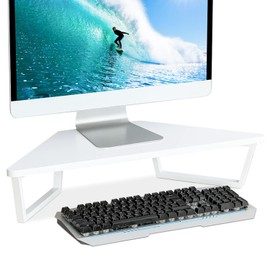 TEAMIX 26 inch White Triangle Monitor Stand Riser, Desktop Corner Shelf with Metal Leg Wood Computer Stand with Storage Laptop Riser Office Organization