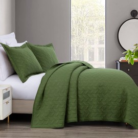 Chezmoi Collection Roswell 3-Piece 100% Cotton Quilt Set King Size, Loden Green - Geometric Striped Quilted Lightweight Vintage Washed Cotton Reversible Bedspread Set for All Season
