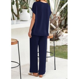 KIRUNDO Summer Sets Women 2 Piece Outfits Casual Ribbed Knit Short Sleeve Tops Wide Leg Pants Lounge Set Travel Tracksuit(Navy, Large)