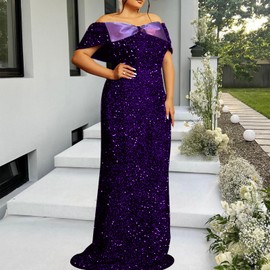 dasmzper Women's Sexy Off Shoulder Short Sleeve Sequin Floor Length Bodycon Cocktail Evening Gown Party Maxi Dress Purple
