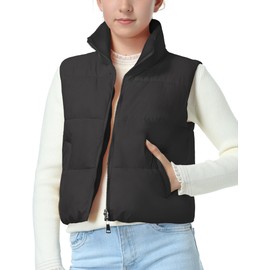 EXARUS Girls Reversible Puffer Vest Water Repellent Puffy with Pockets Lightweight Warm Sleeveless Outerwear Vests Black 7Y