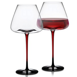 LEMONSODA Concave Champagne Glasses Set of 2 - Modern Red Stem & Black Bottom for Sparkling Wine, Rosé, Prosecco, Champagne – Handcrafted Barware, Perfect for gift – (Wine 24oz Set of 2)
