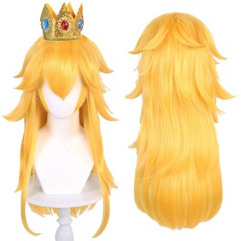28inches/70cm Long Wavy Yellow Wig with Bangs for Women Yellow Wigs Cosplay with Crown for Anime Synthetic Hair for Halloween Costume Party Cosplay with Wig Cap