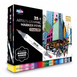 Zieler® - 25 + 1 Artists Graphic Marker Dual Tip Pens | Vibrant Colours | Easy to Blend & Layer | Low Odour – Includes Blender Pen
