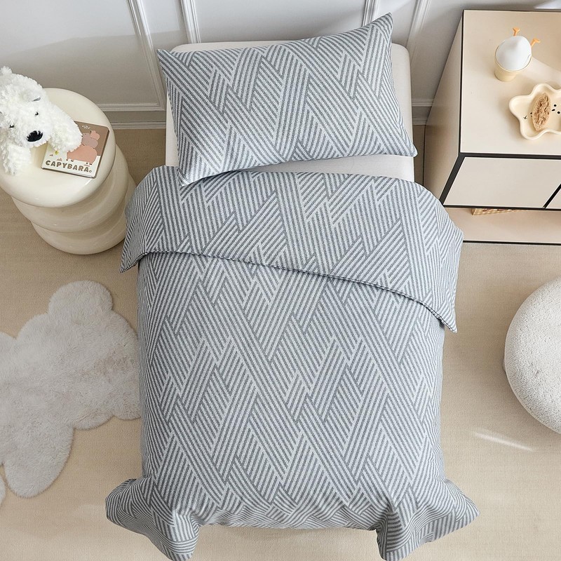 DuShow Cot Bed Duvet Cover Set, Cotton, Grey Line, Toddler