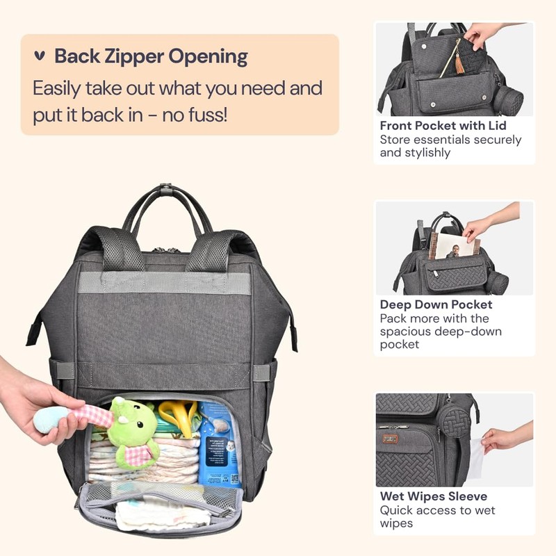 BabbleRoo Diaper Bag Backpack, Multifunction Large Bags with Changing Pad