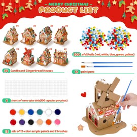 Liliful 12 Set Gingerbread House Kits Bulk Christmas Cardboard Gingerbread House with Pom Poms, Markers, Stickers, Tapes Craft Kit Make a Christmas Craft Party Games for Holiday Decor DIY Supplies