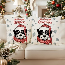 QIONG MENG Christmas Pillow Covers 18x18 Inch Set of 2 Australian Shepherd Christmas Decorations Pillowcase Xmas Dog Throw Pillow Covers Home Sofa Living Room Decorative Cushion Case