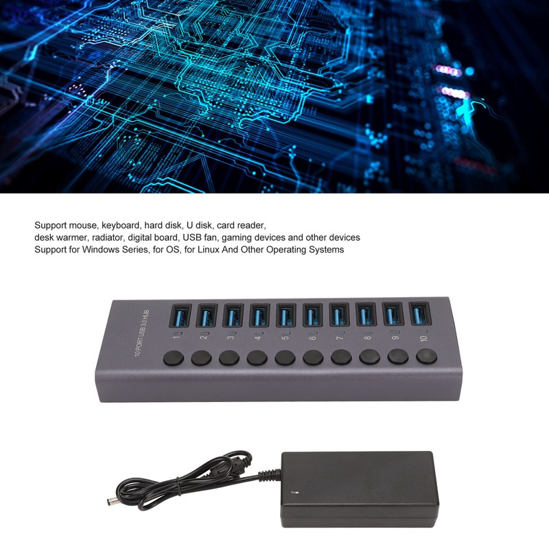 10 Port USB3.0 Hub Splitter Independent Power Supply Charging Data