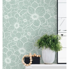 Guvana Peel and Stick Wallpaper Floral Wall Paper Boho Grayish Green and White Removable Self Adhesive Wallpaper for Bedroom Bathroom Contact Papaer for Cabinet Waterproof Vinyl Roll 17.3"×197"