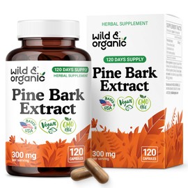 Wild & Organic Wild & Organic Pine Bark Extract Capsules 300 mg - Antioxidant Supplement - 95% Proanthocyanidins - 120 Capsules - French Maritime Pine Bark Extract - 4-Month Supply - Pinus Maritima - Vegan, Non-GMO