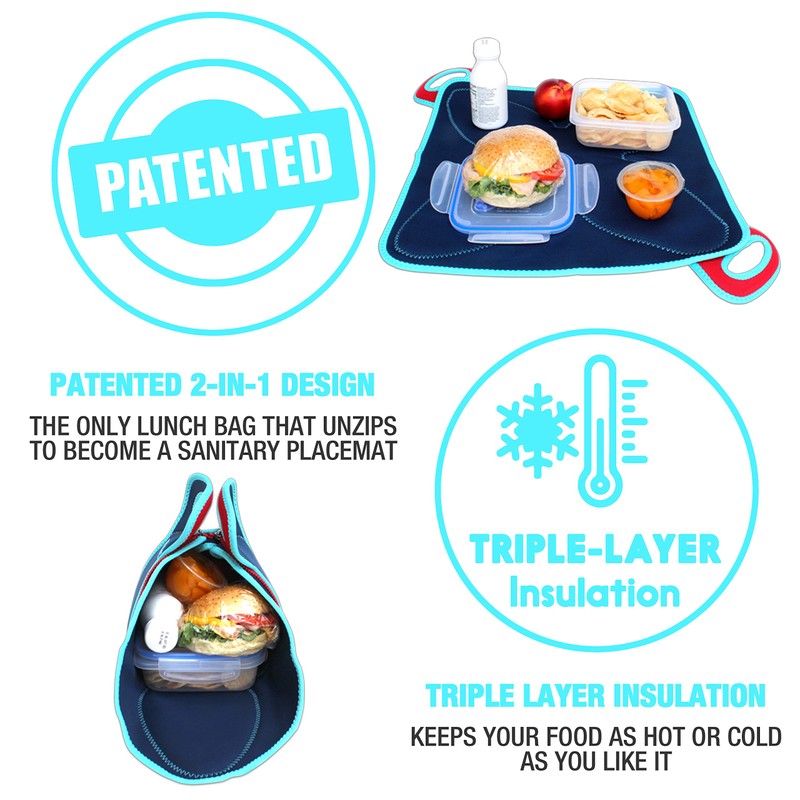 Flatbox 2-in-1 Insulated Lunch Bag & Placemat, Dark Blue/Light Blue/Red