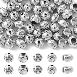 UR URLIFEHALL 50 Pcs 5 Styles Tibetan Style Sports Beads Football Baseball Round Silver Spacer Beads for Jewellery Making Bracelet Crafts
