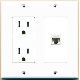 RiteAV - 15 Amp Power Outlet and 1 Port Cat5e Ethernet Decorative Type Wall Plate - White