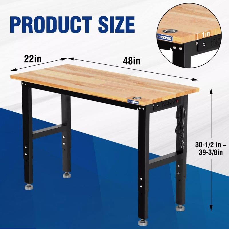 Workpro Adjustable Workbench 48"X22"/60''x2 - 48"x22" with Leveling Foot