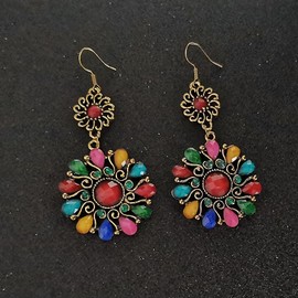 Vintage Style Bohemian Large Dangle Earrings for Women Multicolor Dainty Created Gemstones Boho Round Shape Drop Earrings