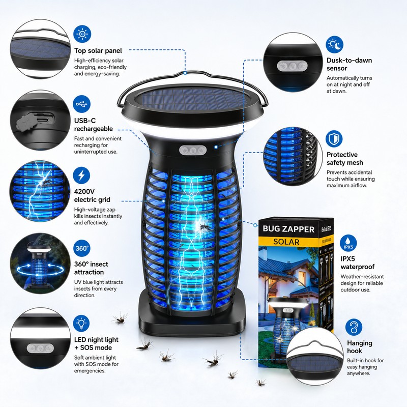 Solar Bug Zapper Outdoor for Mosquito Control – Rechargeable 3-in-1