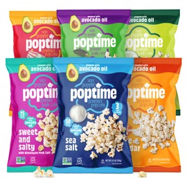 Poptime Popcorn Variety Pack, 6 Snack Bags, Assorted Flavors Sweet & Salty, Butter, White Cheddar, Sweet Spicy Jalapeño, Sea Salt, Jalapeño Limeade, Healthy Low Calorie Snack with Avocado Oil, Kosher