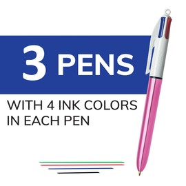BIC 4 Color Shine Retractable Ballpoint Pen with 1.0 mm Point and Wide Barrel, 3-Count in Assorted Ink