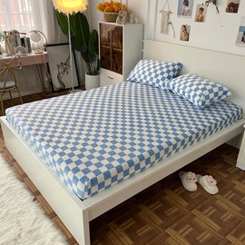 CLOTHKNOW Blue White Plaid Queen Sheet Sets Checker Bedding Sheets Sets 1 Fitted Sheet 1 Flat Sheet with 2 Pillowcases Blue Bedding Queen Deep Pocket Sheet Set