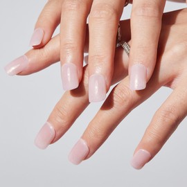 NGOZI eziezi No Glue Mani Press On Nails, Ready to Wear Manicure, Self Stick Nails, Stick on False Nails Square, Short Press On Nails, 12 Sizes - 24 Pcs, Half Shimmer Pink