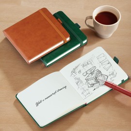 HOMEMARS Notebook Set of 2, 12 cm x 12 cm, 200 Pages, Leather Notebook, Brown / Green, Blank, Notepad