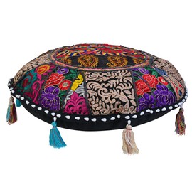 Stylo Culture Indian Decorative Round Floor Cushion Cover Boho 45 x 45 cm Small Seat Cushion Vintage Black Bohemian Patchwork Sofa Seat Cushion Cotton Embroidered Floor Cushion for Balcony