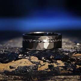 King Will Mens 8mm Black Hammered Tungsten Carbide Wedding Rings Imitated Meteorite Inlay Matte Brushed Tungsten Ring 9