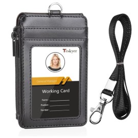Teskyer Badge Holder with Side Zip Pocket Multiple Card Slots Leather ID Holder Walle.