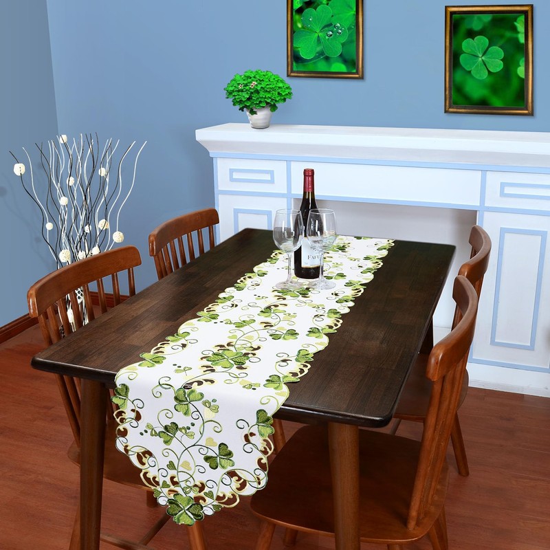 Grelucgo Embroidered Decorative Shamrock Table Runner for St. Patrick's Day
