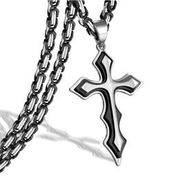 FULULAY Men's Stainless Steel Large Jesus Christ Cross Pendant Necklace With Byzantine Chain 22 24 26 inch,Silver&Black