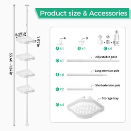 shuang qing 4-Tier Corner Shower Caddy Tension Pole Organizer - Adjustable Rustproof Metal Tension Pole, Plastic Shelves with Safety Guardrail, Bathroom Storage for Shower & Bathtub(White)