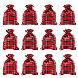 Bohue 12Pcs Red Tartan Bag Drawstring Bags Candy Gift Bags Xmas Gift Bag Reusable Fabric Sacks for Gift Delivering Birthday Present Party Decorations