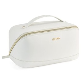 Telena - Bolsa de maquillaje de gran capacidad, bolsa de cosméticos de viaje portátil, piel sintética, impermeable, organizador de maquillaje para muj